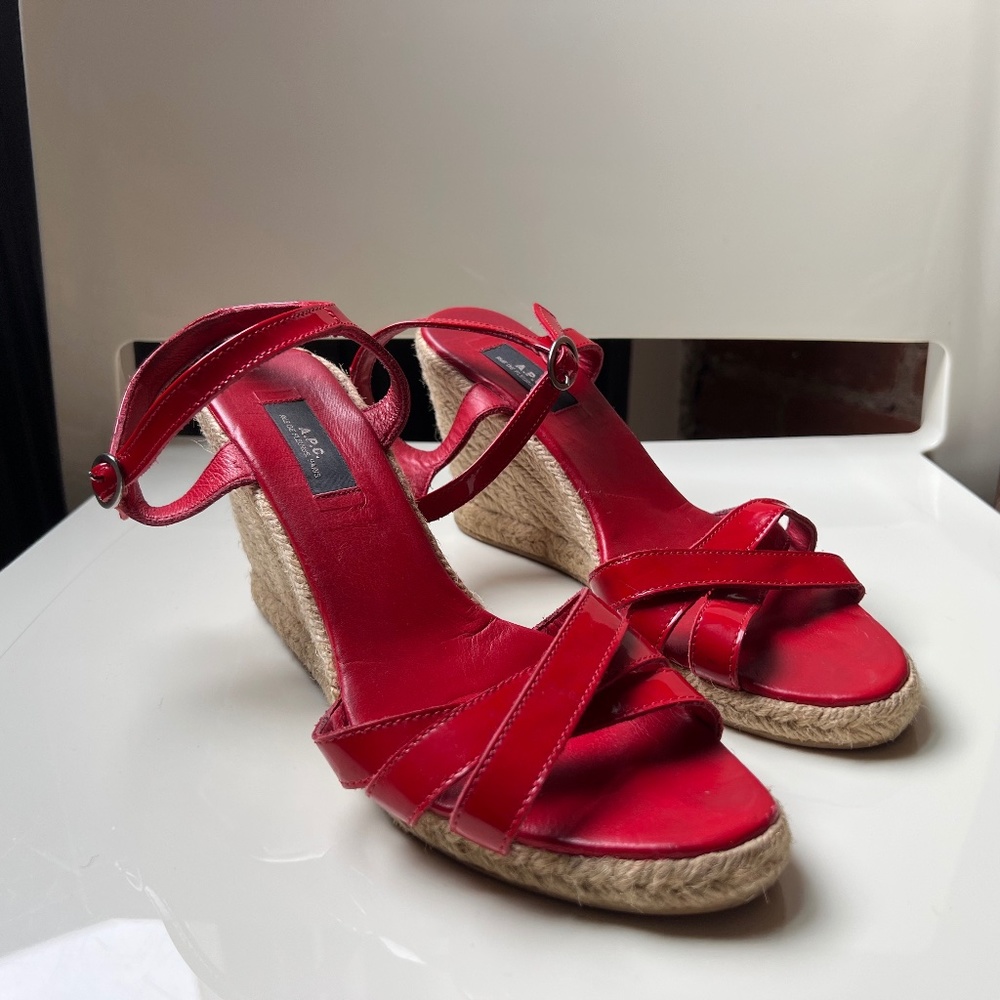 A.P.C. - Size 9, Red, Patent Leather, Espadrille, Hight Heel, Sandals